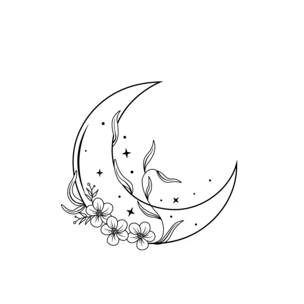 Monochrome Boho Moon Flowers Leaves Mystical Vector Illustration Isolated White — Stock Vector