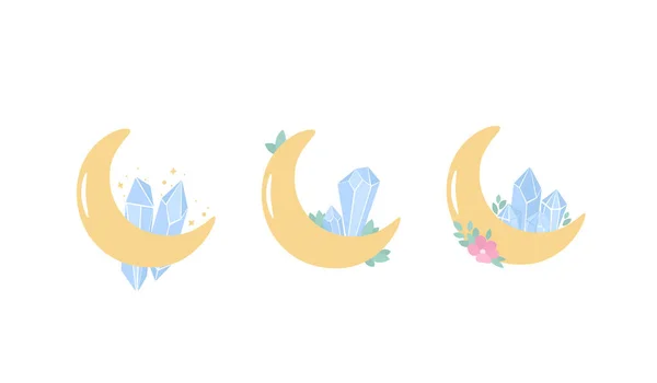 Mystical Crescent Moon Crystals Collection Vector Illustration Witchy Clipart Isolated — 图库矢量图片