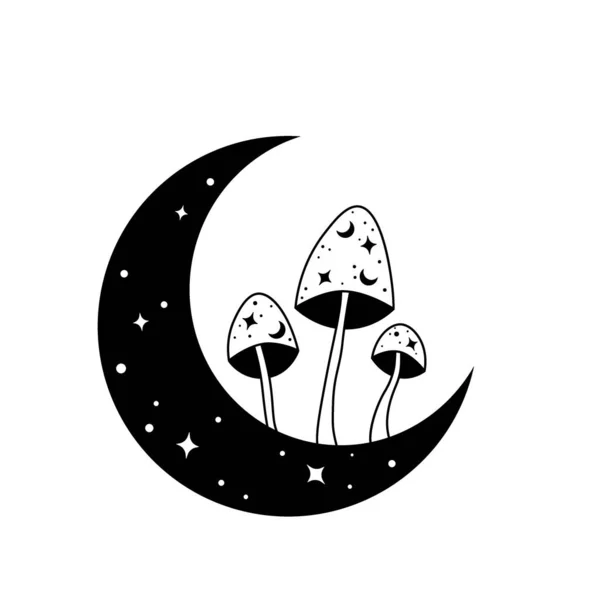 Lune Boho Monochrome Champignons Magiques Illustration Vectorielle Mystique Isolée Sur — Image vectorielle