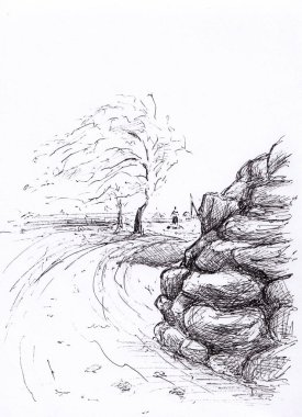 Taş kale duvarlı Doğu Avrupa eski caddesinin mürekkep çizimi kışın hala devam ediyor. Belarus, Novogrudok 'ta küçük bir kasaba caddesi. Dikey resim. Kart, baskı ve seyahat posterleri için orijinal çizimler.