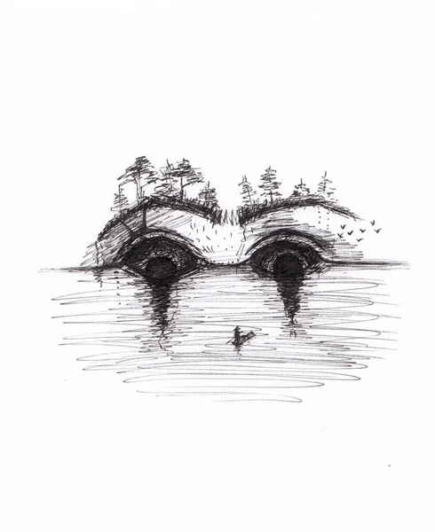 Surrealistic Drawing Dark Crying Eyes Mountains Sea Fisherman Boat Abstract — 스톡 사진