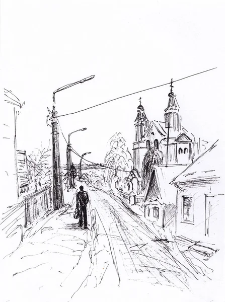 Bläck Ritning Östeuropeiska Gamla Gatan Med Ortodoxa Kyrkan Och Promenader — Stockfoto