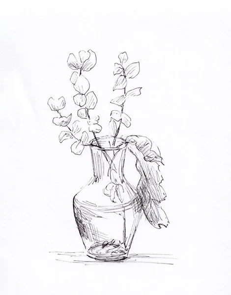 Minimalist Ink Sketch Illustration Flowers Leaves Glass Vase Original Artwork — Stockfoto