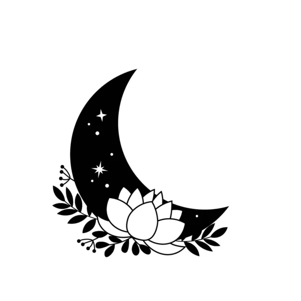 Black White Boho Moon Lill Flower Mystic Vector Illustration Isolated — Wektor stockowy