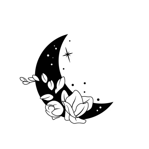 有木兰花的Boho月亮 白色背景上孤立的神秘向量图解 与新月形月亮相交 用于精神海报 T恤衫 巫术艺术的花卉民族艺术 — 图库矢量图片