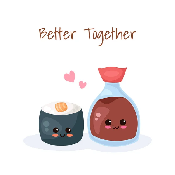Kawaii Sushi Soy Sauce Vector Illustration Adorable Couple Cute Funny — Vettoriale Stock