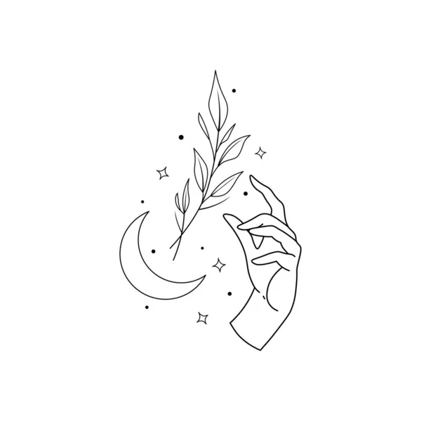 Elegant Hand Crescent Moon Delicate Leaves Mystical Vector Illustration Esoteric — 스톡 벡터