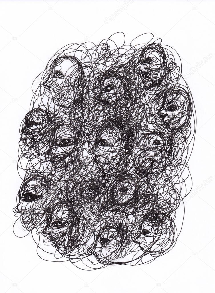 Abstract painting of crowd. Similar faces with eyes. Use for psychology book illustration, mental health poster. Original artwork. Dark thoughts, depression, society problems. Surrealist people art.