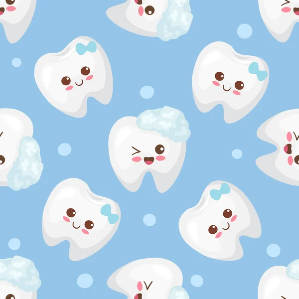 Kawaii Sonriendo Dientes Felices Con Personajes Burbujas Concepto Del Primer — Vector de stock