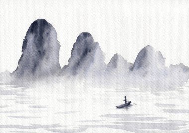Dağların suluboya resimleri, deniz ve balıkçı teknesi. Asyalı sakin ve huzurlu manzara çizimi. Sisli taşlı oryantal çizim. Meditasyon arka planı, kart, baskı, poster kavramı.