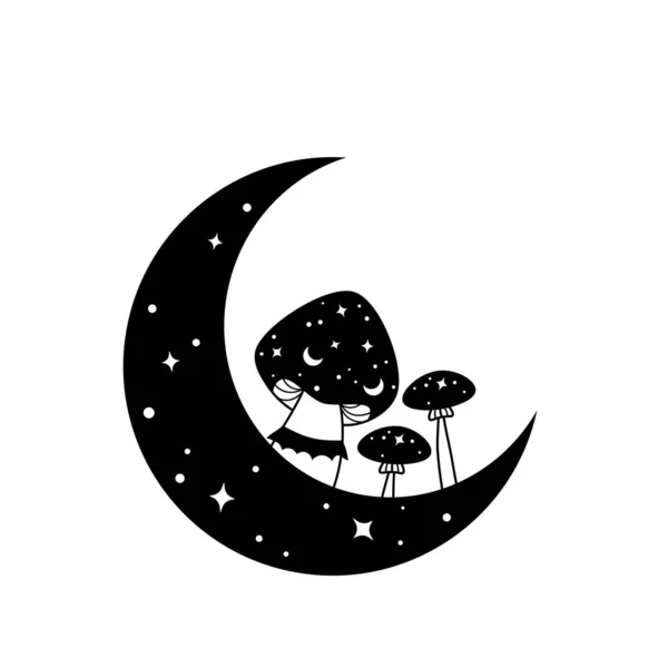 Černobílý Boho Měsíc Kouzelnými Houbami Mystická Vektorová Ilustrace Izolovaná Bílém — Stockový vektor