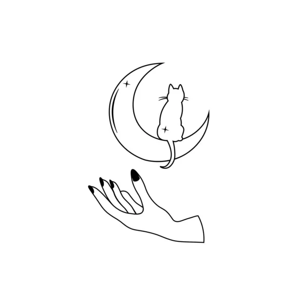Elegante Hand Halbmond Und Katze Mystische Vektorillustration Esoterisches Plakat Hexenhand — Stockvektor