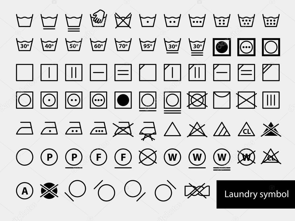 Laundry Symbols. Set of icons for washing. Full icon set of laundry symbols, hand wash, washing machine, label, iron, caring. Vector illustration. 
