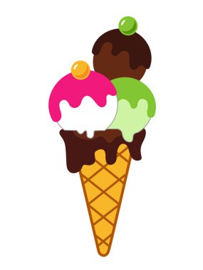 Vanilyalı, fıstıklı ve çikolatalı dondurma külahlı waffle külahında.