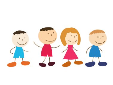 Tatlı çizgi film çocukları yürüyor. Çizim yapıyorum. Beyaz arkaplanda izole edilmiş vektör illüstrasyonu