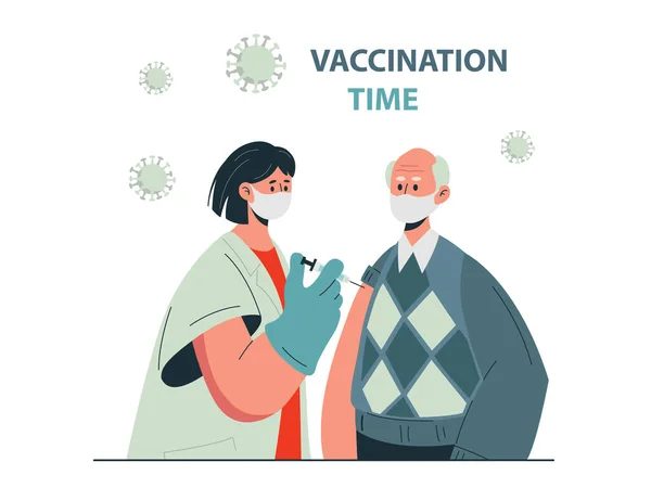 Medico Effettua Iniezione Vaccino Antinfluenzale Vecchio Vaccino Contro Virus Covid — Vettoriale Stock