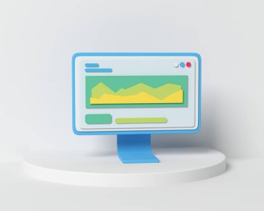 Bilgi ve veri diyagramı olan bir kaide üzerinde bilgisayar. İş analitiği, finans, çevrimiçi pazarlama, veri analizi ve web geliştirme konsepti 3D resimleme.