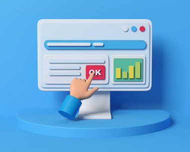 Verili bilgisayar, diyagram. El, Ok düğmesine basar. İş analitiği, finans, çevrimiçi pazarlama, rezervasyon ve web geliştirme 3D çizim konsepti konusu.