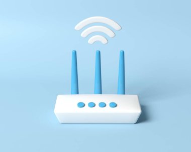 Minimal Modern 3D Router ve Wi-Fi sembolü. Kablosuz bağlantı noktası bölgesi. 5G için kablosuz modem konsepti. 3B resimleme.
