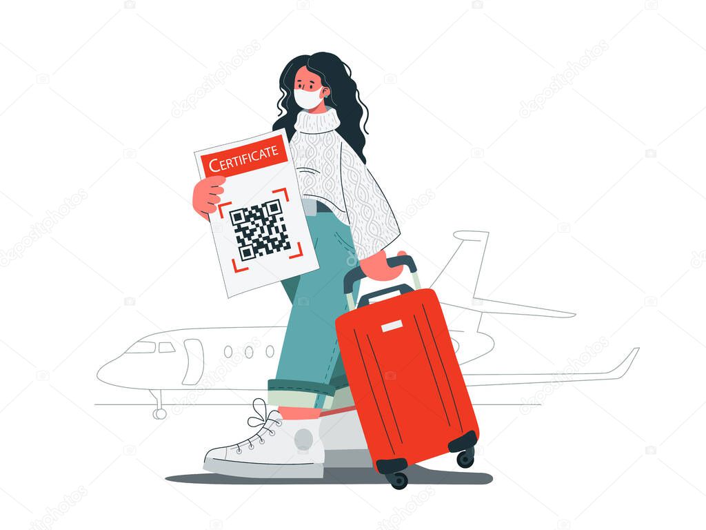 The Masked Traveler with luggage walking with the QR code at the airport. Travel concept under the conditions of Coronavirus. Concept protect the world from spread of the virus.Vector illustration