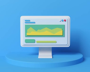 Bilgi ve veri diyagramı olan bir kaide üzerinde bilgisayar. İş analitiği, finans, çevrimiçi pazarlama, veri analizi ve web geliştirme konsepti 3D resimleme.