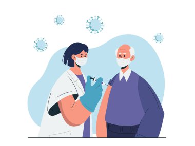 Doktor yaşlı adama grip aşısı yapıyor. COVID-19 virüsüne karşı aşı. Yaşlı insanlar aşı konsepti. Sağlık hizmeti, koronavirüs. Düz vektör illüstrasyonu