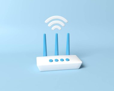 Minimal Modern 3D Router ve Wi-Fi sembolü. Kablosuz bağlantı noktası bölgesi. 5G için kablosuz modem konsepti. 3B resimleme.