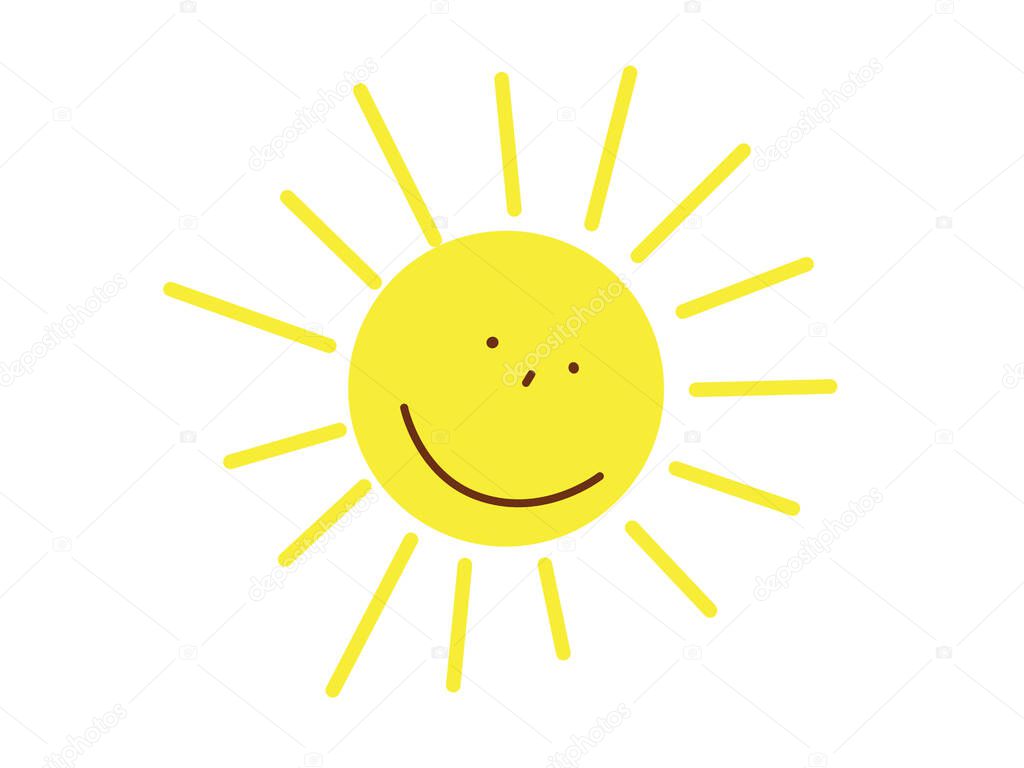 Cute Smiling sun. Yellow children's sun with rays. A cartoon character. Flat Vector illustration. Design element for a print.