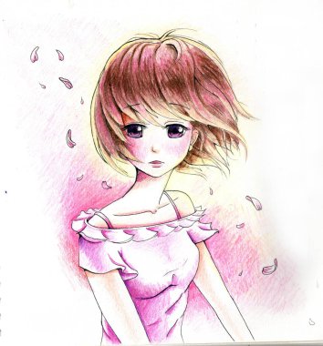 Kartpostal suluboya resimli anime kızı