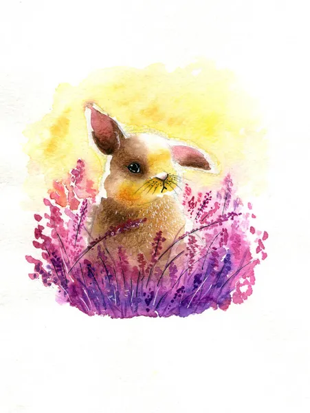 Vykort Akvarell Illustration Kanin Med Blommor — Stockfoto