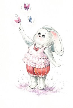 suluboya resimli tavşan ve kelebekler