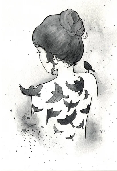 Ilustración Tinta Chica Gótica Con Pájaros —  Fotos de Stock