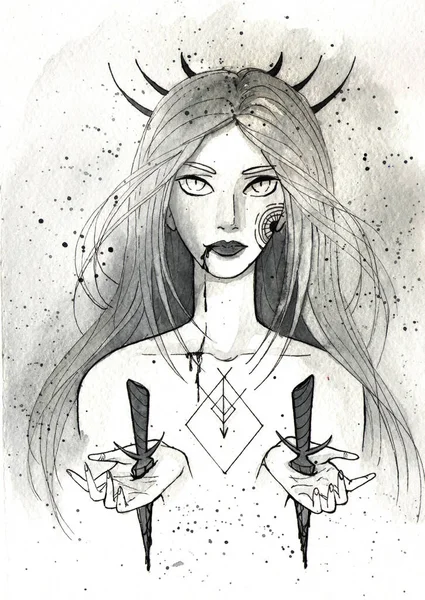 Illustration Tusche Gotisches Mädchen Mit Messern — Stockfoto