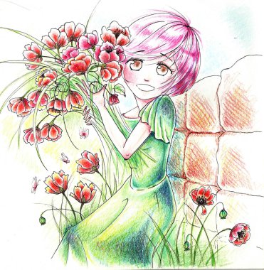 Anime kızının suluboya çizimi