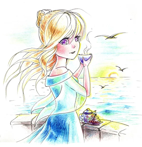 Illustration Aquarelle Fille Anime — Photo