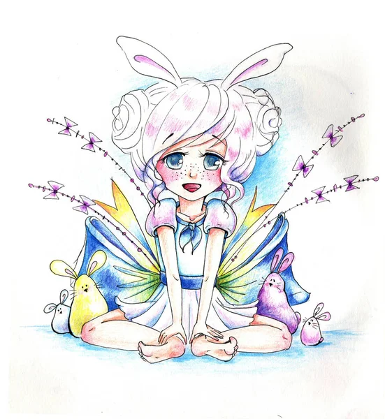 Aquarel Illustratie Van Anime Meisje — Stockfoto