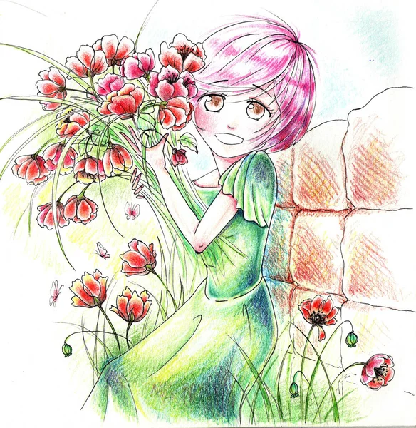 Illustration Aquarelle Fille Anime — Photo