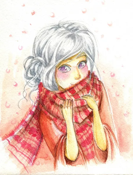 Anime Karakteri Bir Kadının Suluboya Çizimi — Stok fotoğraf