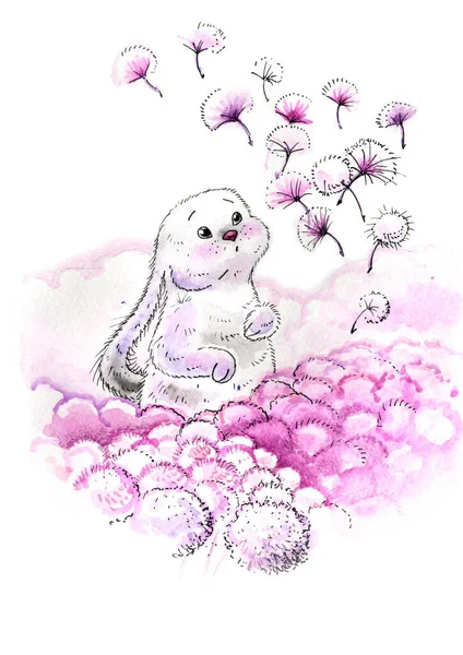 watercolor illustration rabbit with dandelions