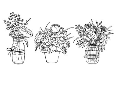 Vazodaki çiçek buketlerinin çizimleri.