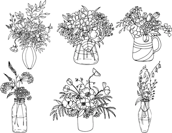 Zestaw Rysunków Bukietów Kwiatów Wazonach — Zdjęcie stockowe