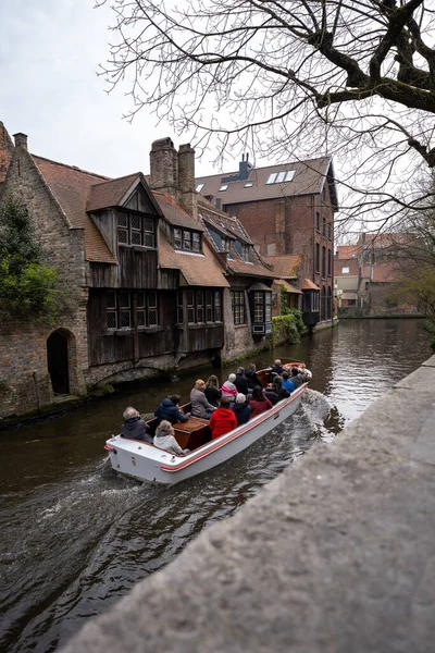 Electric Tour Boat Cruising Canals Brugge Belgium — Stock Photo, Image