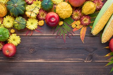 Tahta bir masanın üzerinde balkabakları, elmalar ve mısırla sonbahar arkaplanı. Şükran Günü konsepti