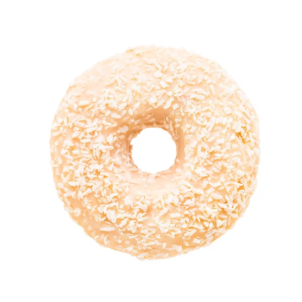 Donut em esmalte branco com flocos de coco isolados sobre fundo branco com caminho de recorte. — Fotografia de Stock