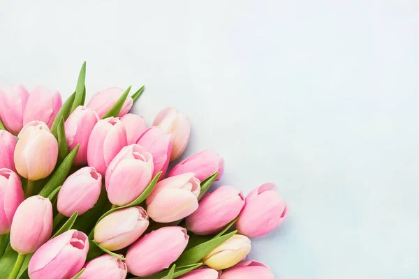 Pink tulips bouquet on a blue background, selective focus. Mothers Day, birthday celebration concept — Stock Photo, Image