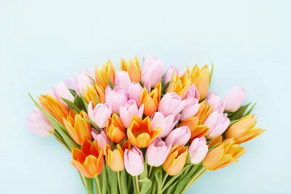 Mavi arka planda pembe ve turuncu laleler. Anneler Günü, Sevgililer Günü, doğum günü konsepti