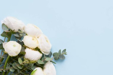 Mavi arka planda bir demet beyaz ranunculus çiçeği. Anneler Günü, Sevgililer Günü, doğum günü konsepti