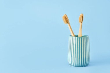 Mavi arka planda seramik bir tutacakta iki bambu diş fırçası. Çevre dostu, sıfır atık konsepti. Metin için alanı kopyala, seçici odak