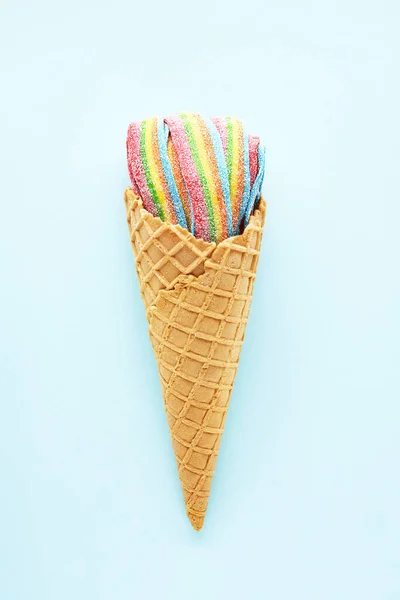 Colorful Sour Jelly Candies Sugar Sprinkles Ice Cream Cone Light — Photo