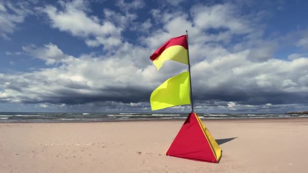 Water Safety Concept Red Yellow Flags Sandy Beach Sea Blue — Stockvideo